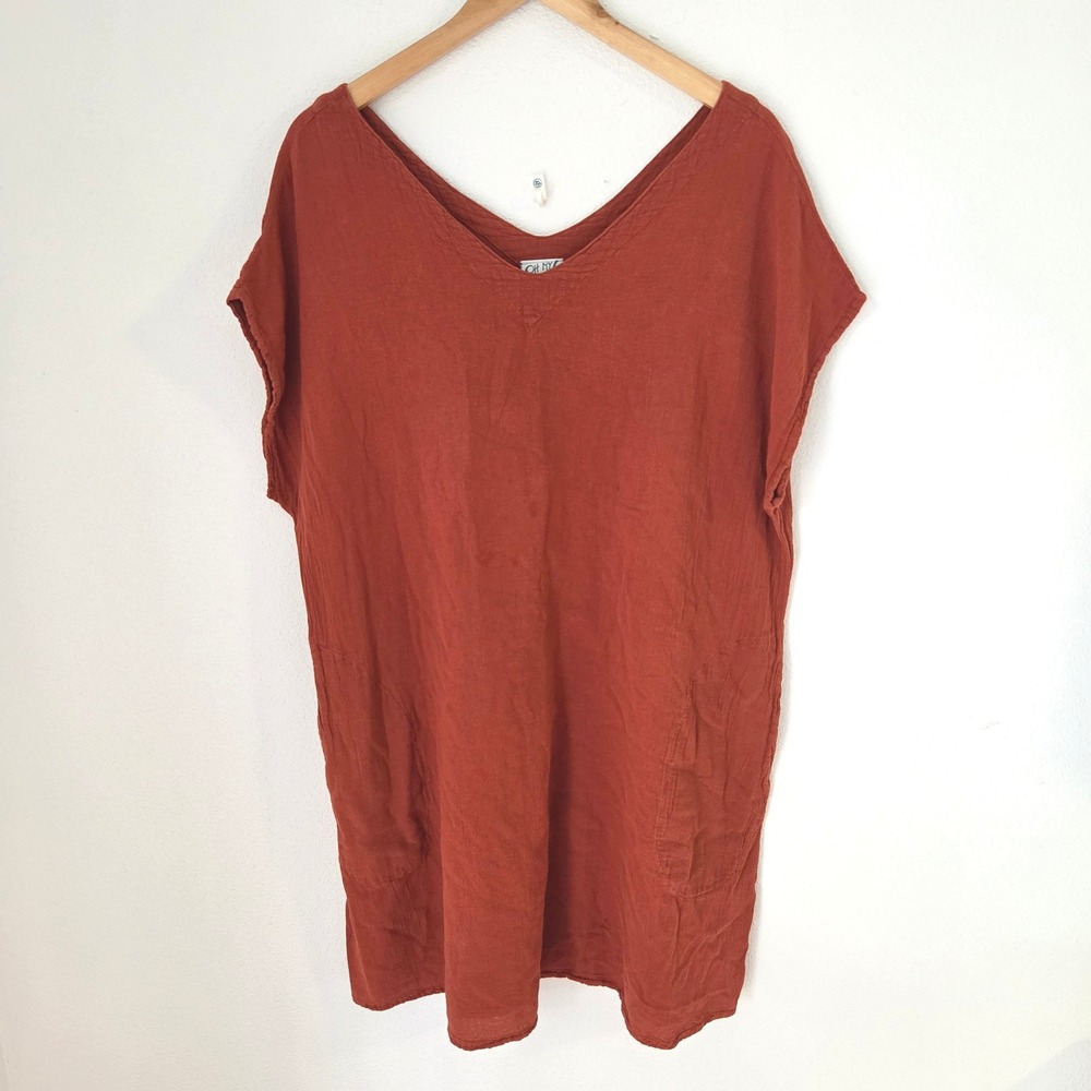 Oh My Gauze! Rust Orange Cotton Mini Dress Tunic Top Pockets Size 2 Lagenlook